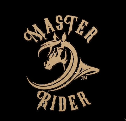Master Rider logo featuring a gold horse head silhouette with curved lines on black background