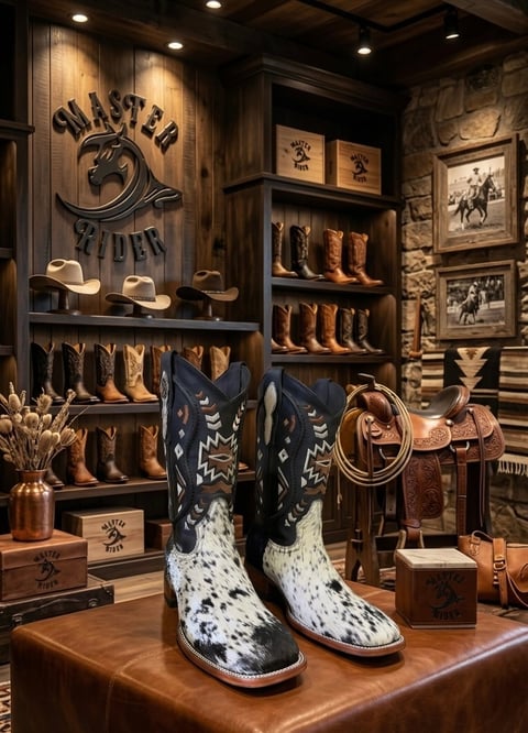Interior of Ghastly Giddy western boot store featuring display of cowboy boots on shelves, leather saddles, and distinctive black and white speckled boots on wooden table