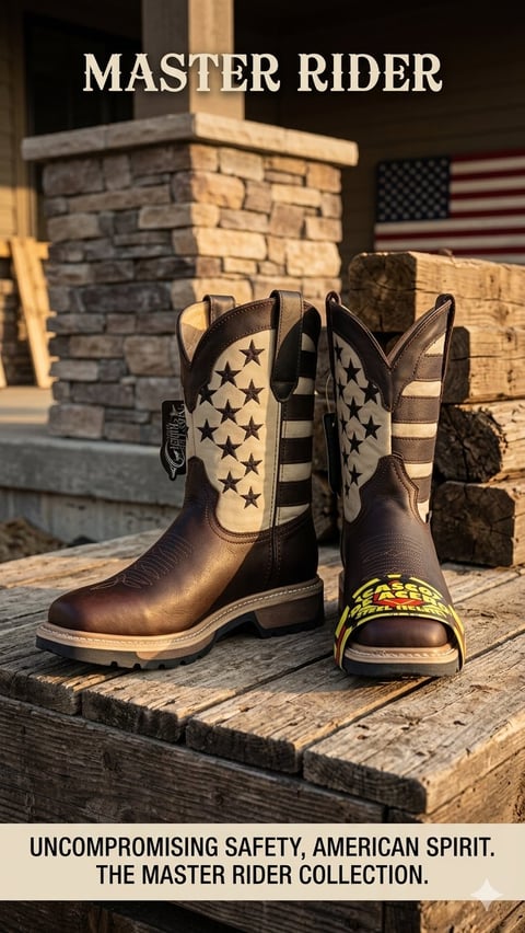 Pair of black and tan western boots with star patterns displayed on wooden surface with brick building and American flag in background