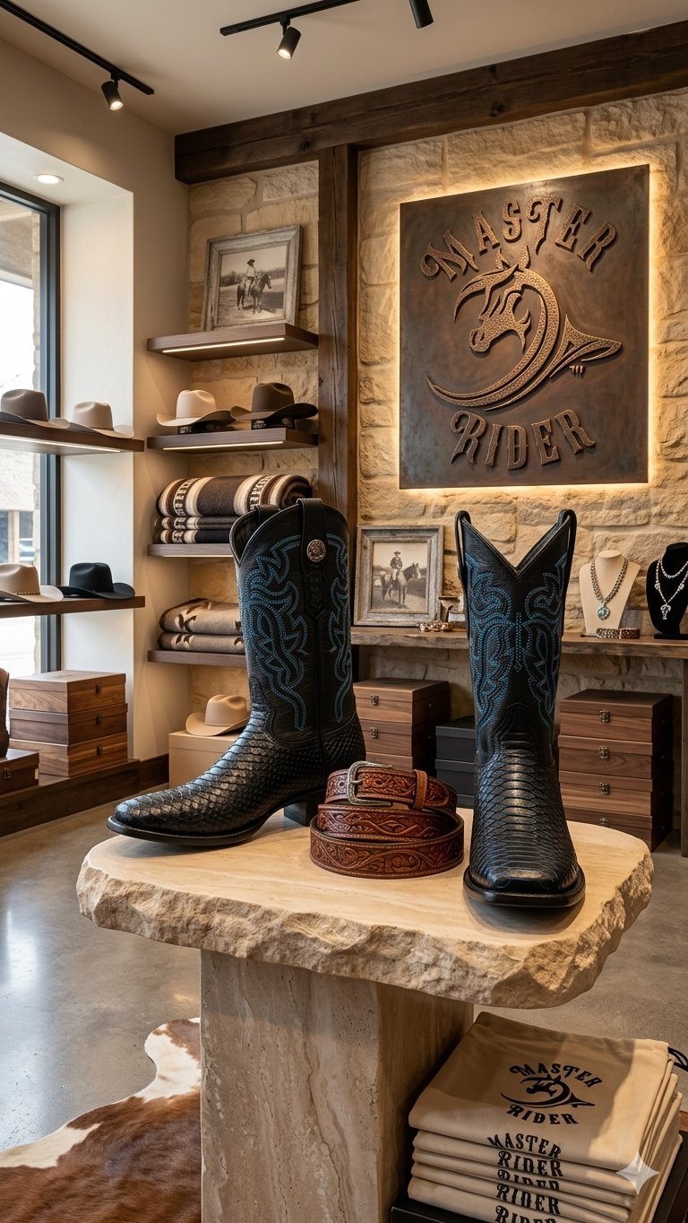 Western retail display featuring black cowboy boots on stone pedestal with Master Rider signage and Western-themed decor on shelves