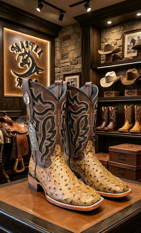Pair of tan ostrich leather cowboy boots with brown embroidered shafts displayed in a rustic western retail shop with saddles, hats, and neon signage