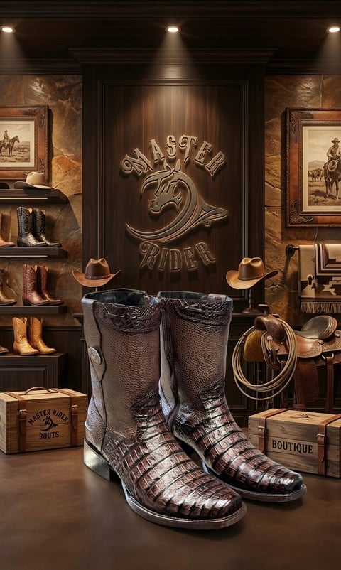 Luxury western boot boutique display with large crocodile skin boots, cowboy hats, and vintage saddle memorabilia against rustic wood wall