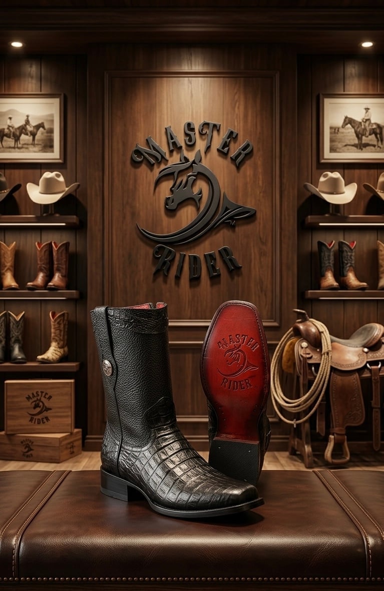 Luxury western boot display in a rustic wooden shop with saddles, hats, and shelves of cowboy boots