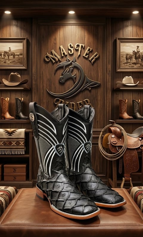 Decorative display of cowboy boots and western memorabilia in a rustic wooden shop interior with Master Saddler signage