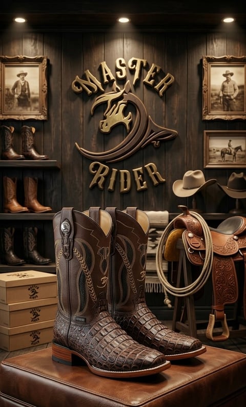Western-themed display featuring crocodile cowboy boots on a leather surface, with saddles, hats, vintage photos, and cowboy boots on shelves, under a Master Rider sign