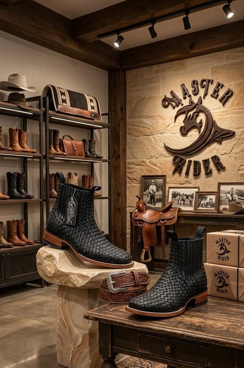 Western boot store display featuring black cowboy boots on a wooden table, shelving with various boots, and Master Rider branding on the wall